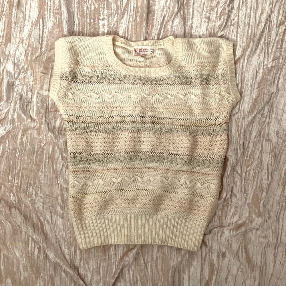VINTAGE 80s Coquette Balletcore Short Sleeve Ribbon Pearl Cream Pink Sweater